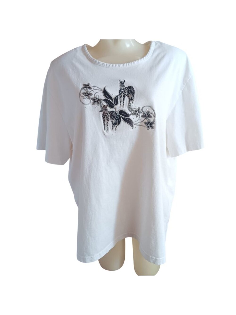 Vintage Womens T-shirt Zebra 1X 1990's C.S.T. Padded Shoulders Mom Top White
